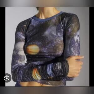 Urban outfitters Blue Uo sia mesh galaxy long sleeve rouched Top XXL nwt